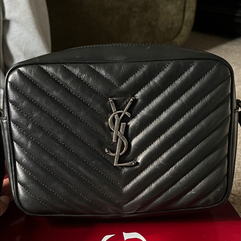 Yves Saint Laurent Black Quilted Chevron Leather Camera Bag with Silver Logo